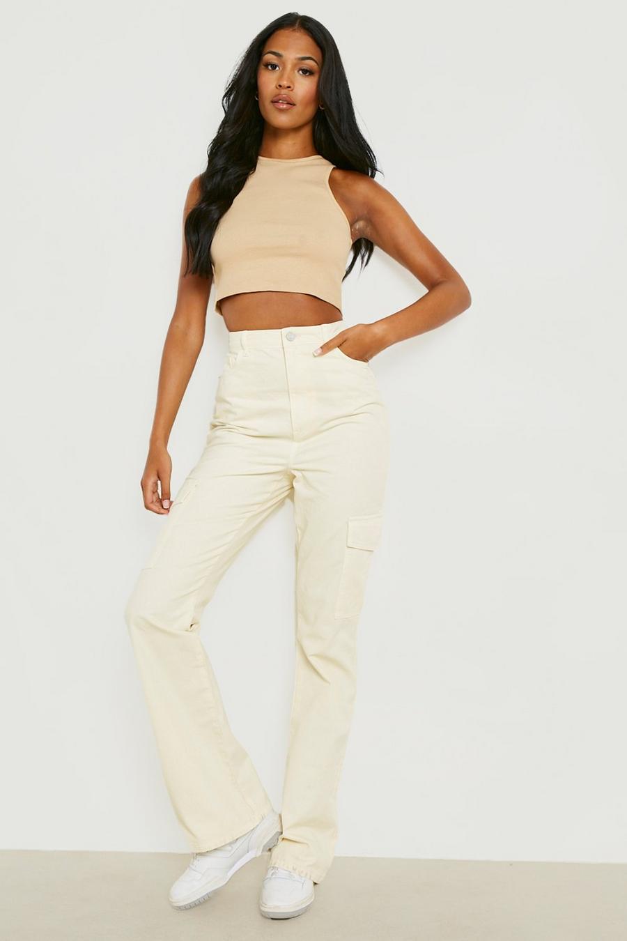 Boohoo Petite Folded Waistband Relaxed Fit Cargo Trousers in White