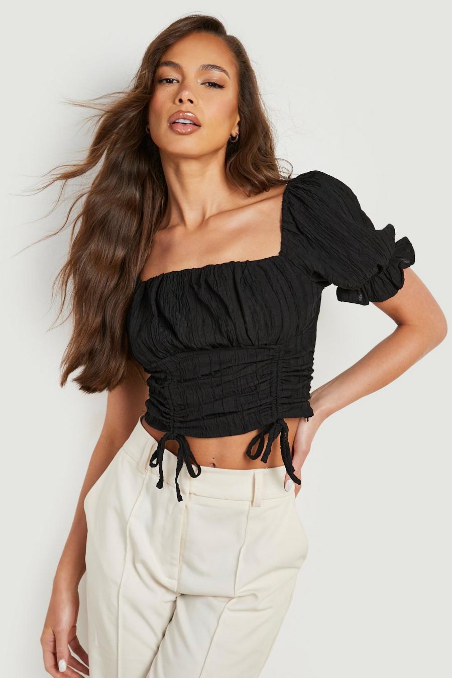 Black Tall Puff Sleeve Ruched Detail Top image number 1