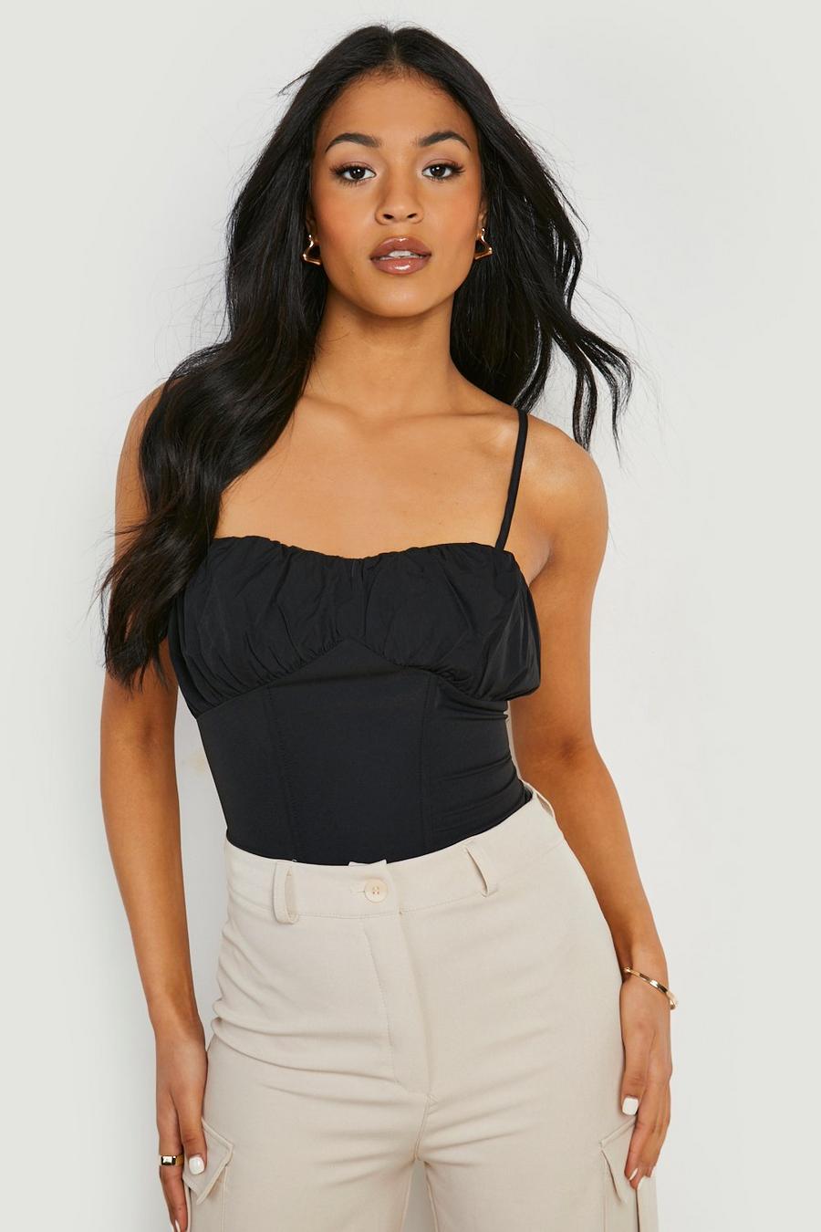 Women's Black Tall Strappy Ruched Front Corset Top