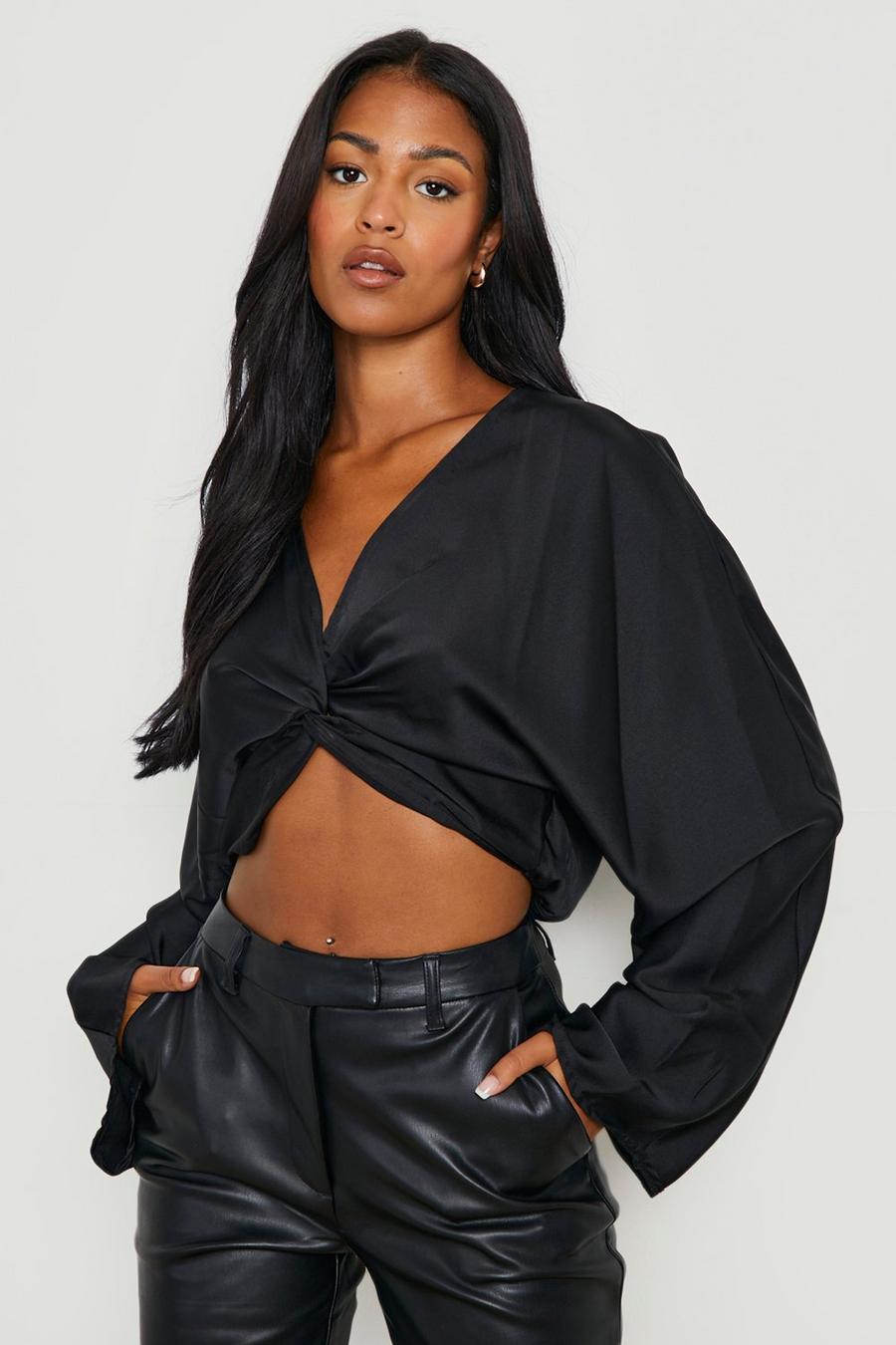 Black Tall Knot Front Satin Top image number 1