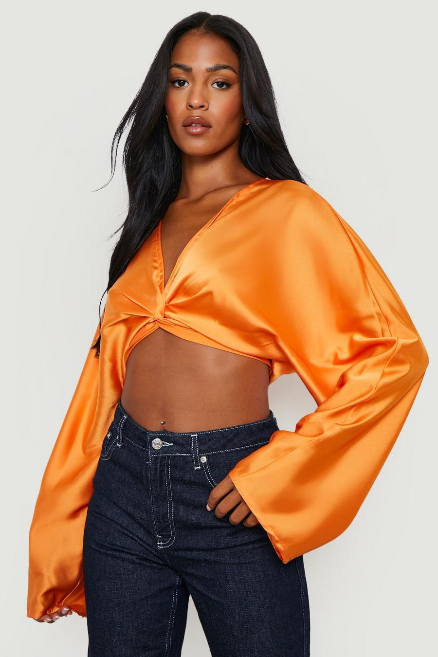 Orange Tall Knot Front Satin Top image number 1