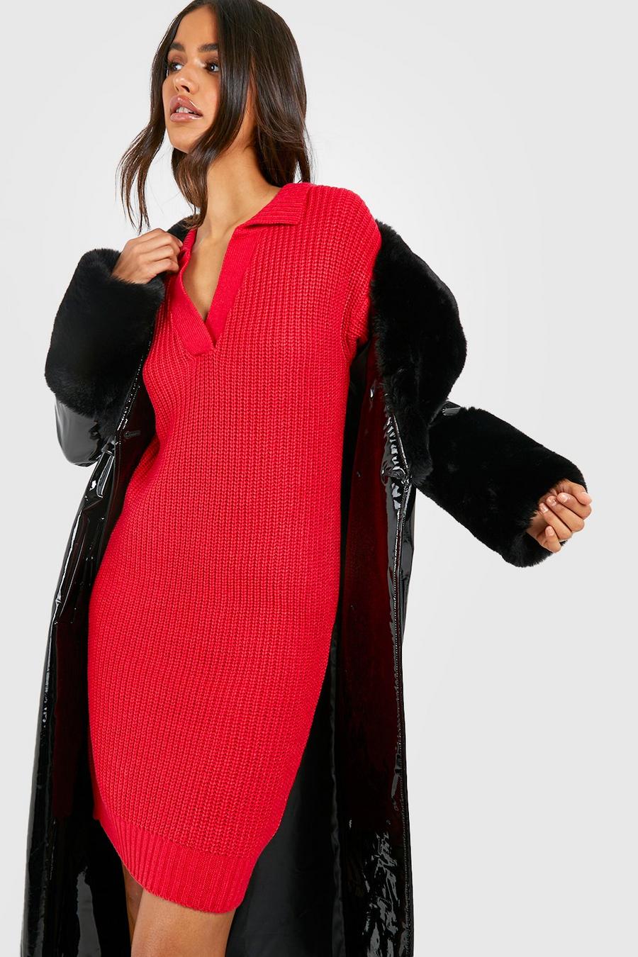 Red Collar Detail Sweater Dress