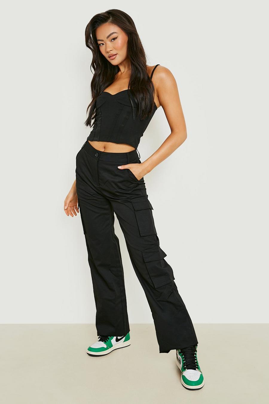 Black Pocket Side Twill Cargo Wide Leg Trousers image number 1