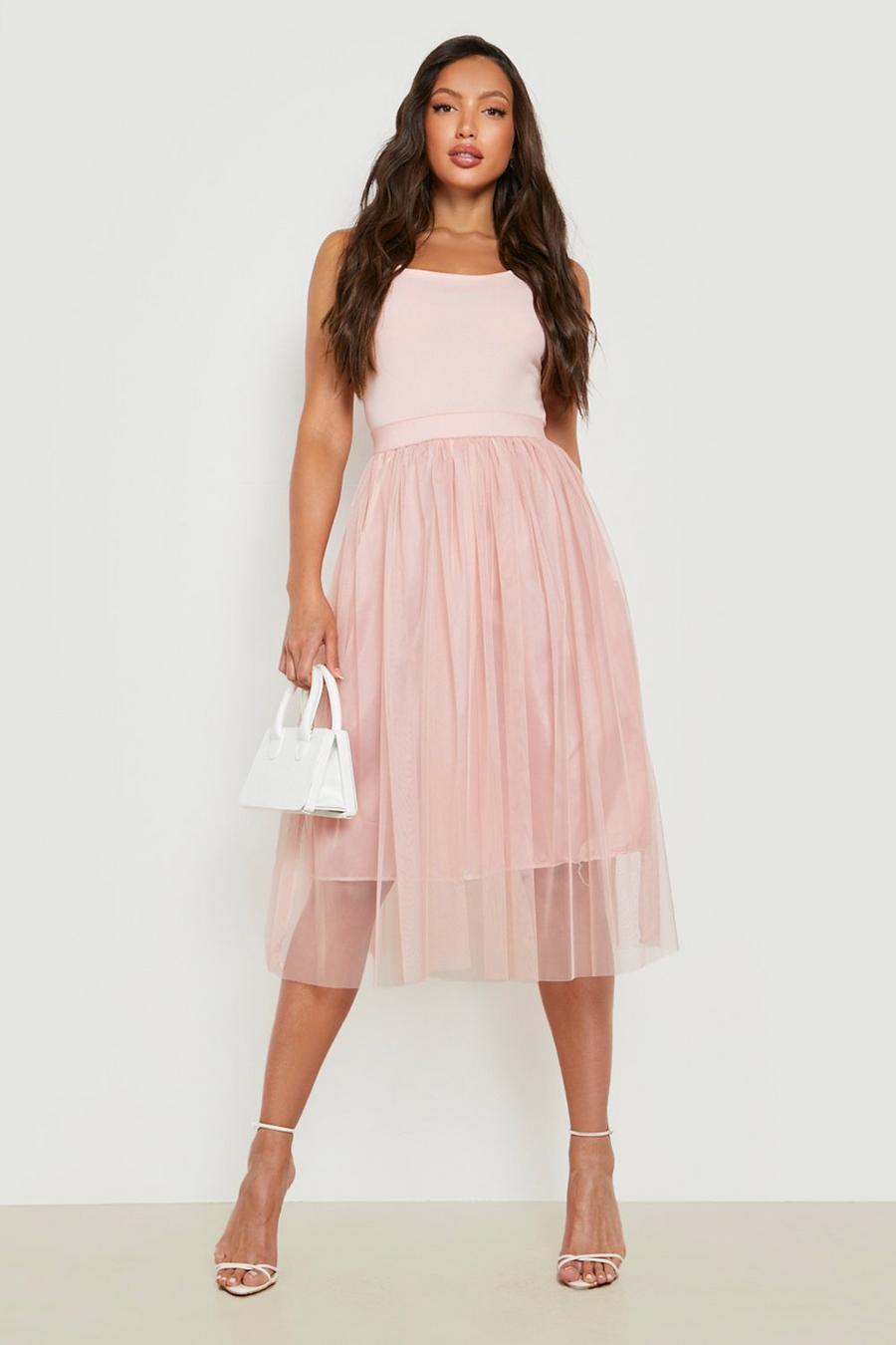 Blush pink Tall Boutique Tulle Mesh Midi Dress image number 1