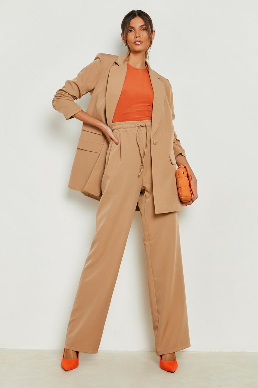 Camel Tie Waist Wide Leg Work Trousers image number 1