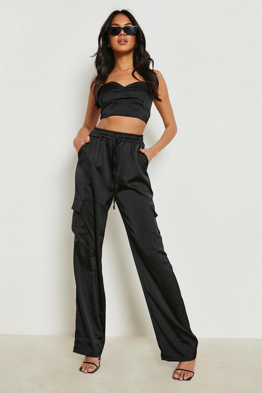 Black High Waisted Drawcord Satin Cargo Pants image number 1