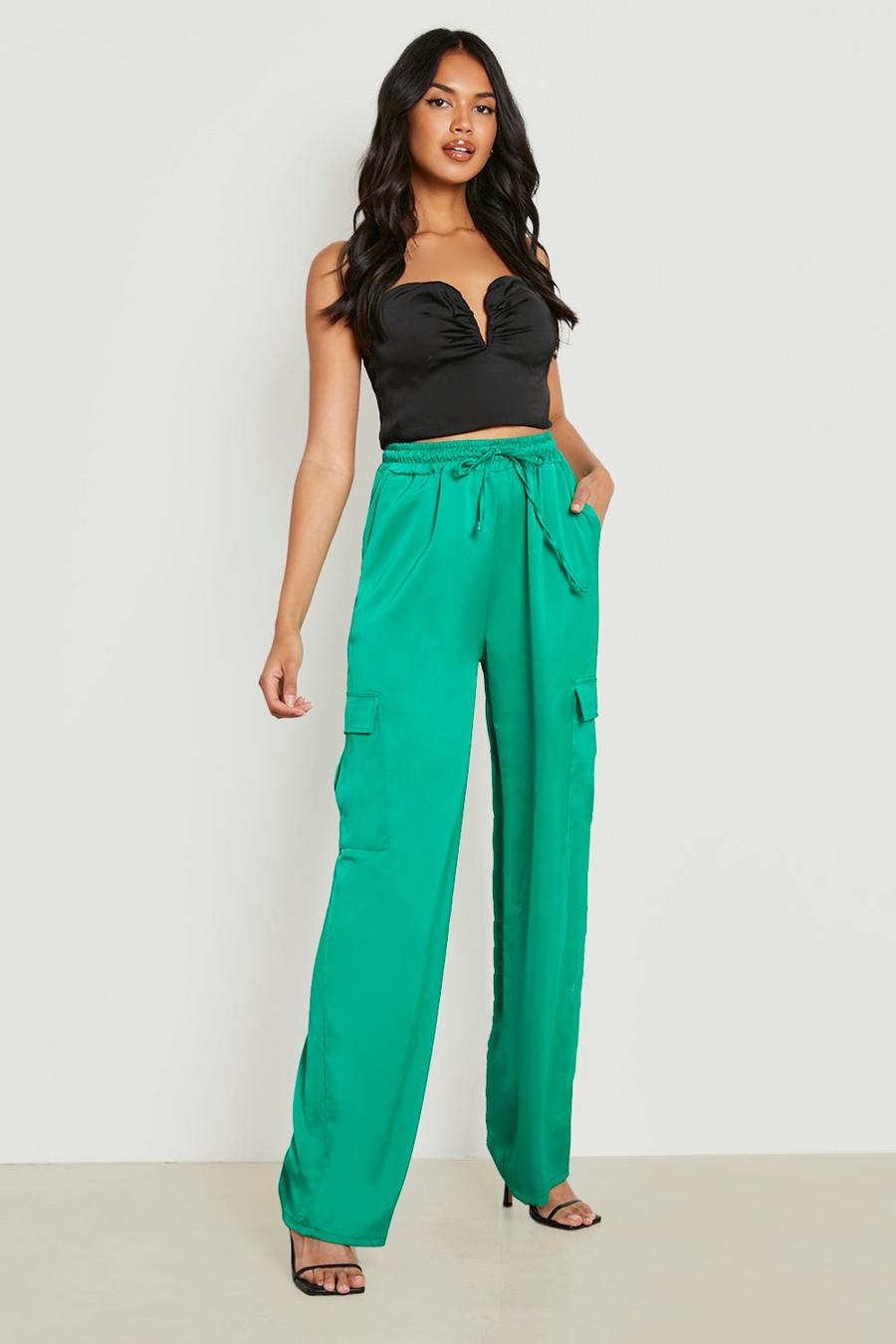 Green High Waisted Drawcord Satin Cargo Pants image number 1