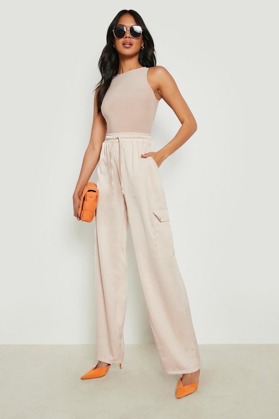 Stone beige High Waisted Drawcord Satin Cargo Pants
