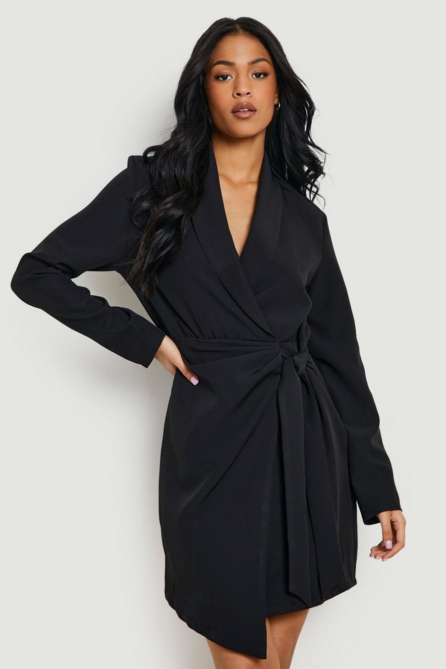 Black Tall Woven Ruched Side Tie Blazer Dress image number 1