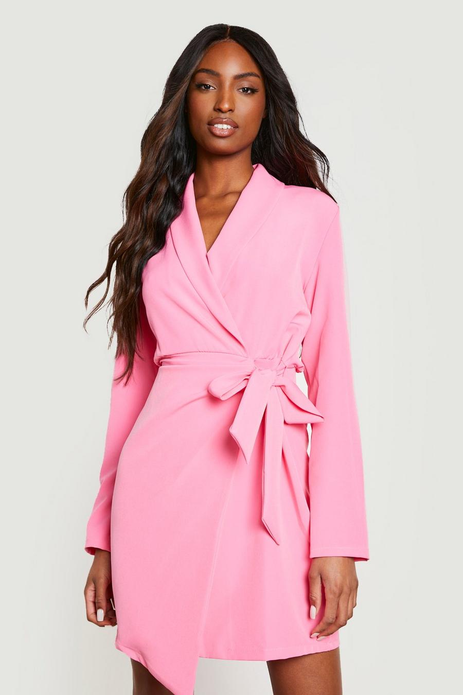 Pink Tall Woven Ruched Side Tie Blazer Dress image number 1