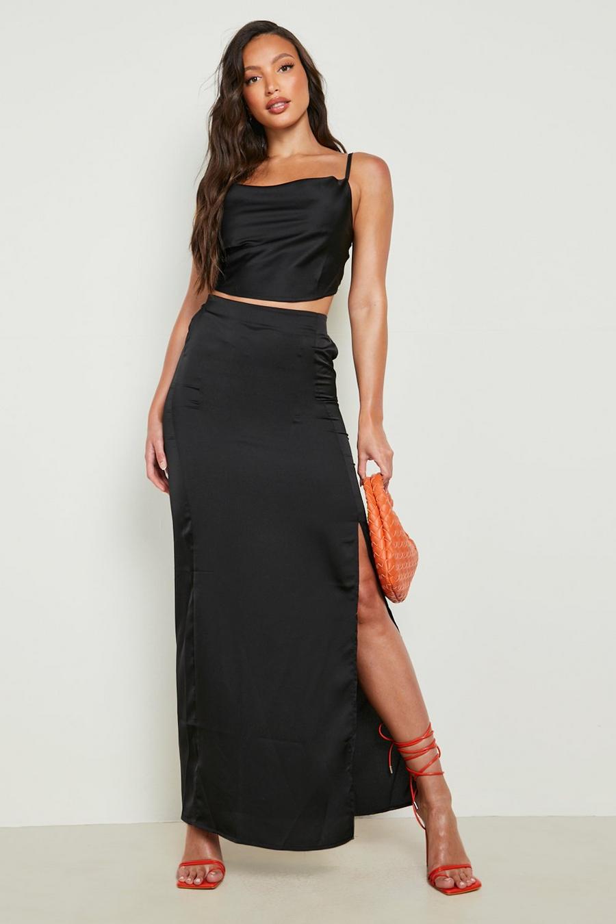 Black Tall Satin Side Split Maxi Skirt image number 1