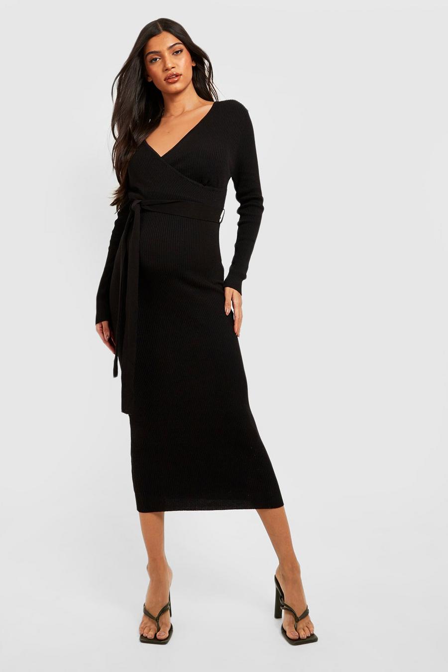 Black Maternity Knitted Wrap Midi Dress image number 1