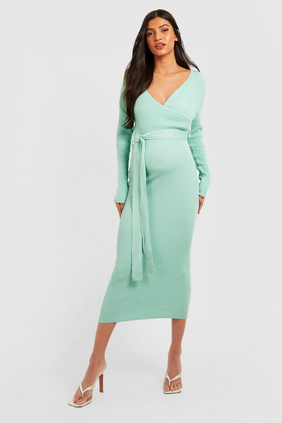 Sage green Maternity Knitted Wrap Midi Dress