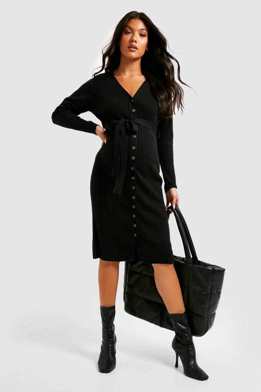 Black Maternity Button Down Knitted Midi Dress