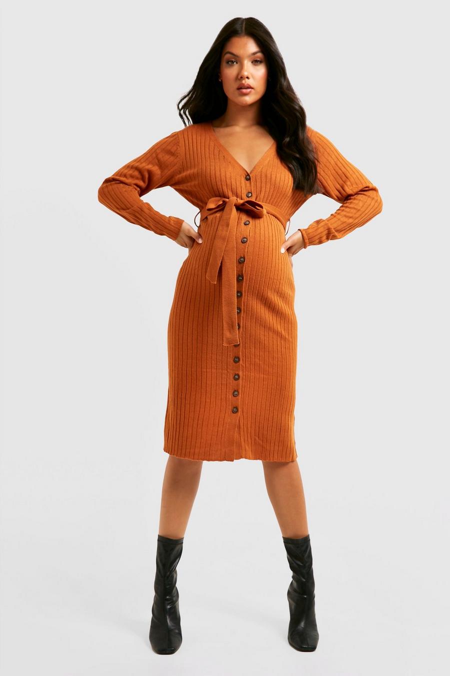 Maternité - Robe pull de grossesse mi-longue boutonnée, Copper orange