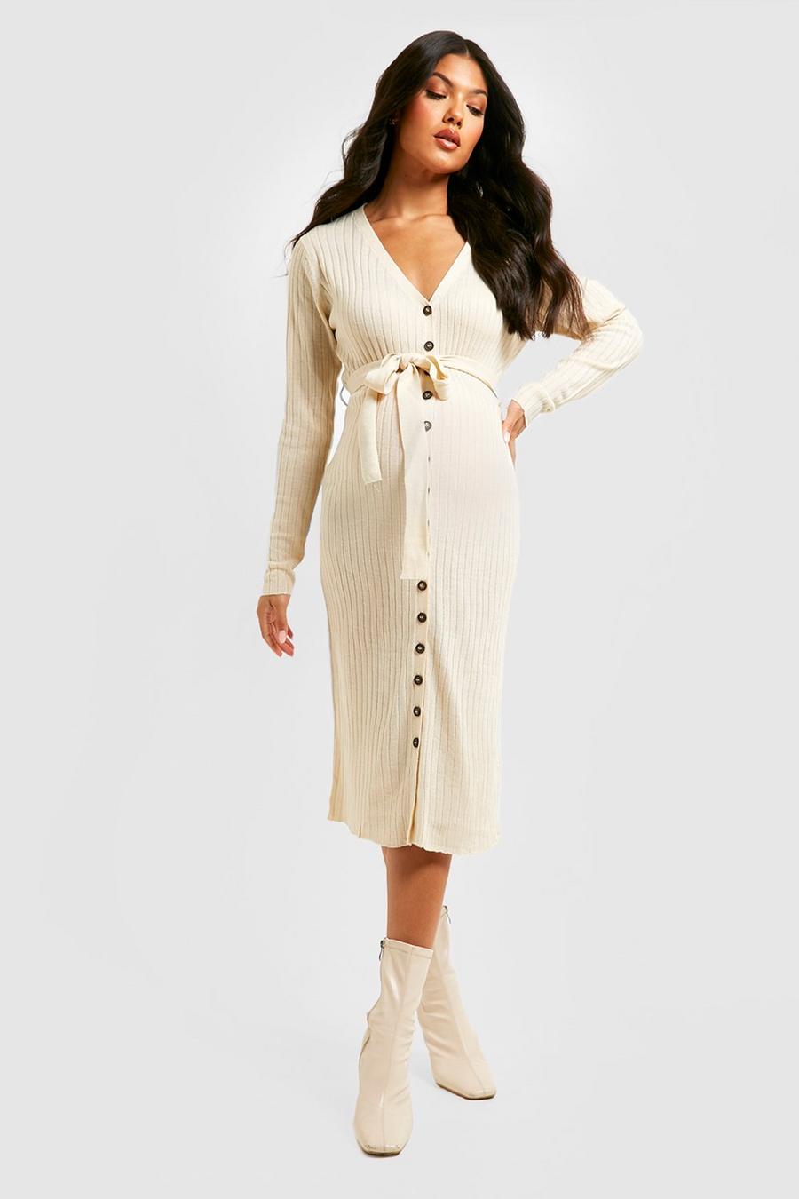 Oatmeal beige Maternity Button Down Knitted Midi Dress
