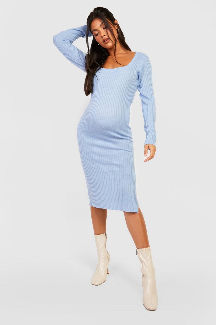 Blue Maternity Split Knitted Midi Dress image number 1