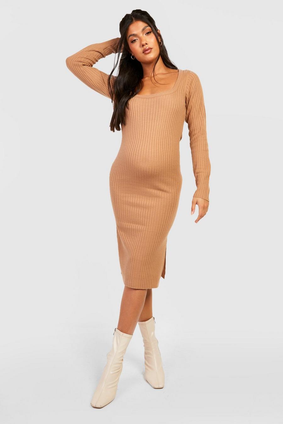 Taupe Maternity Split Knitted Midi Dress image number 1