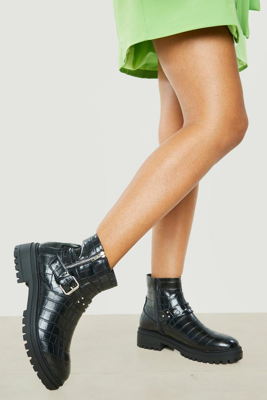 Black Wide Fit Side Zip Croc Buckle Boots image number 1
