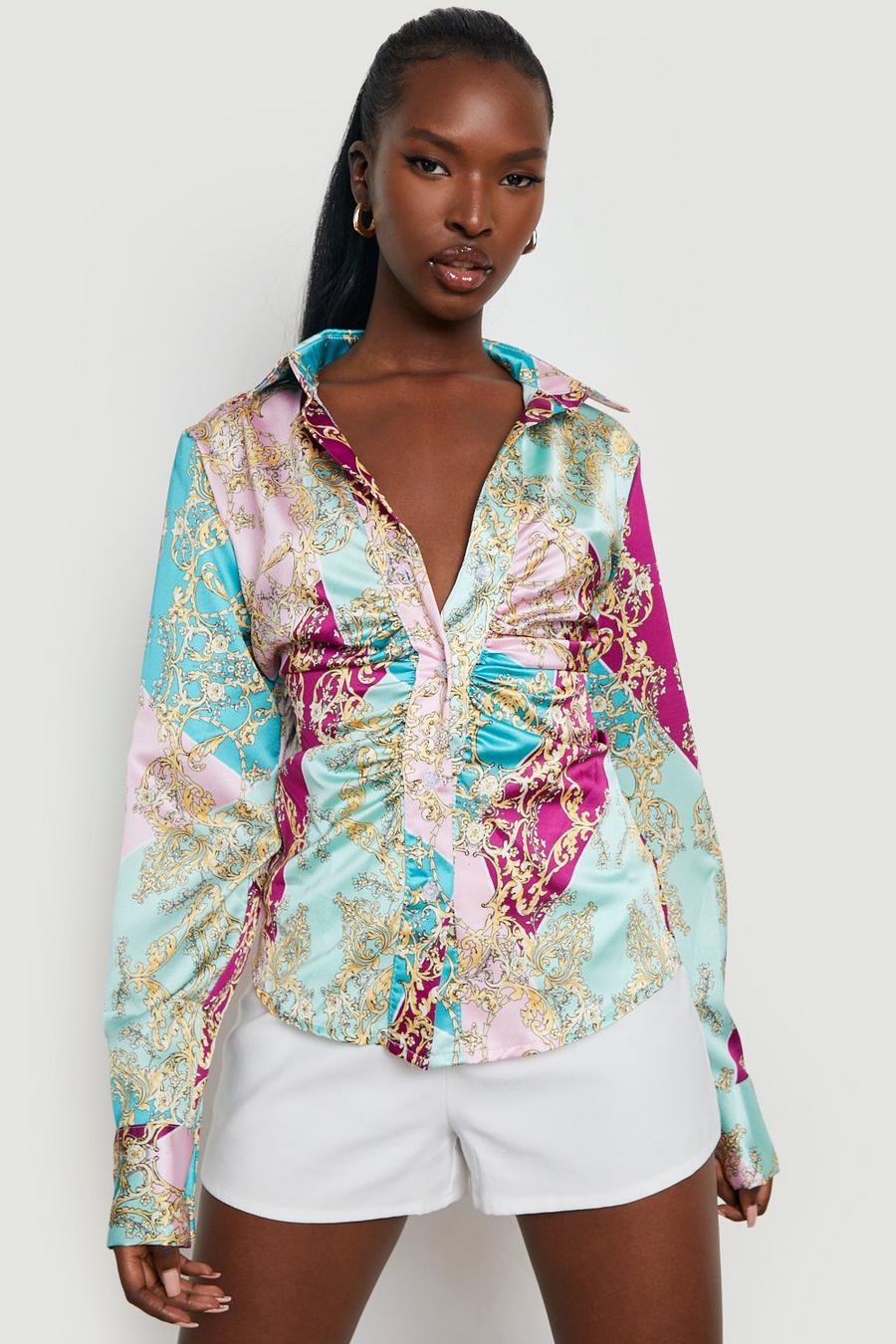Multi Chain Print Ruched Satin Shirt image number 1