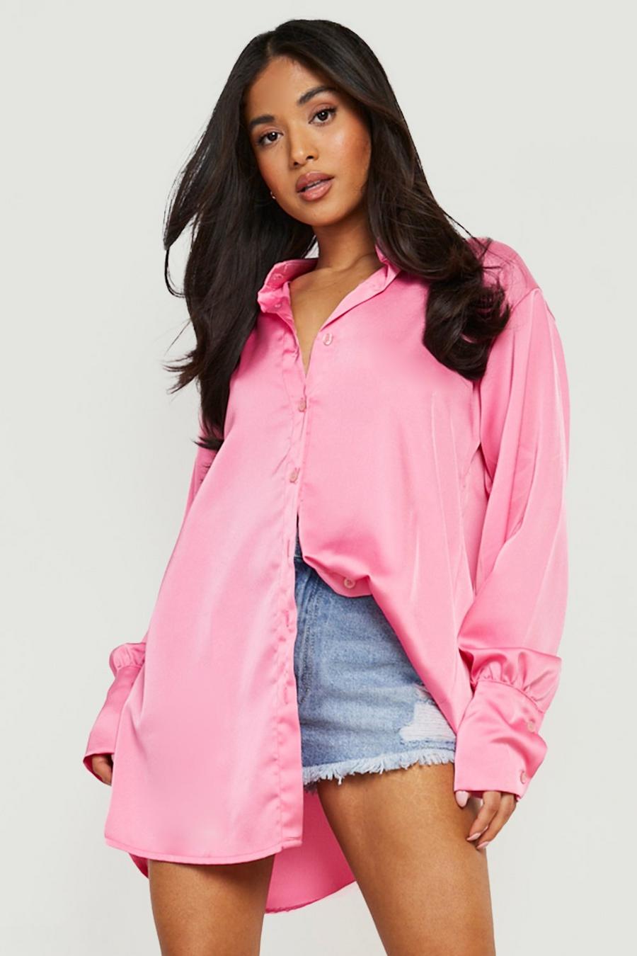 Pink Petite Extreme Oversized Satin Shirt  image number 1