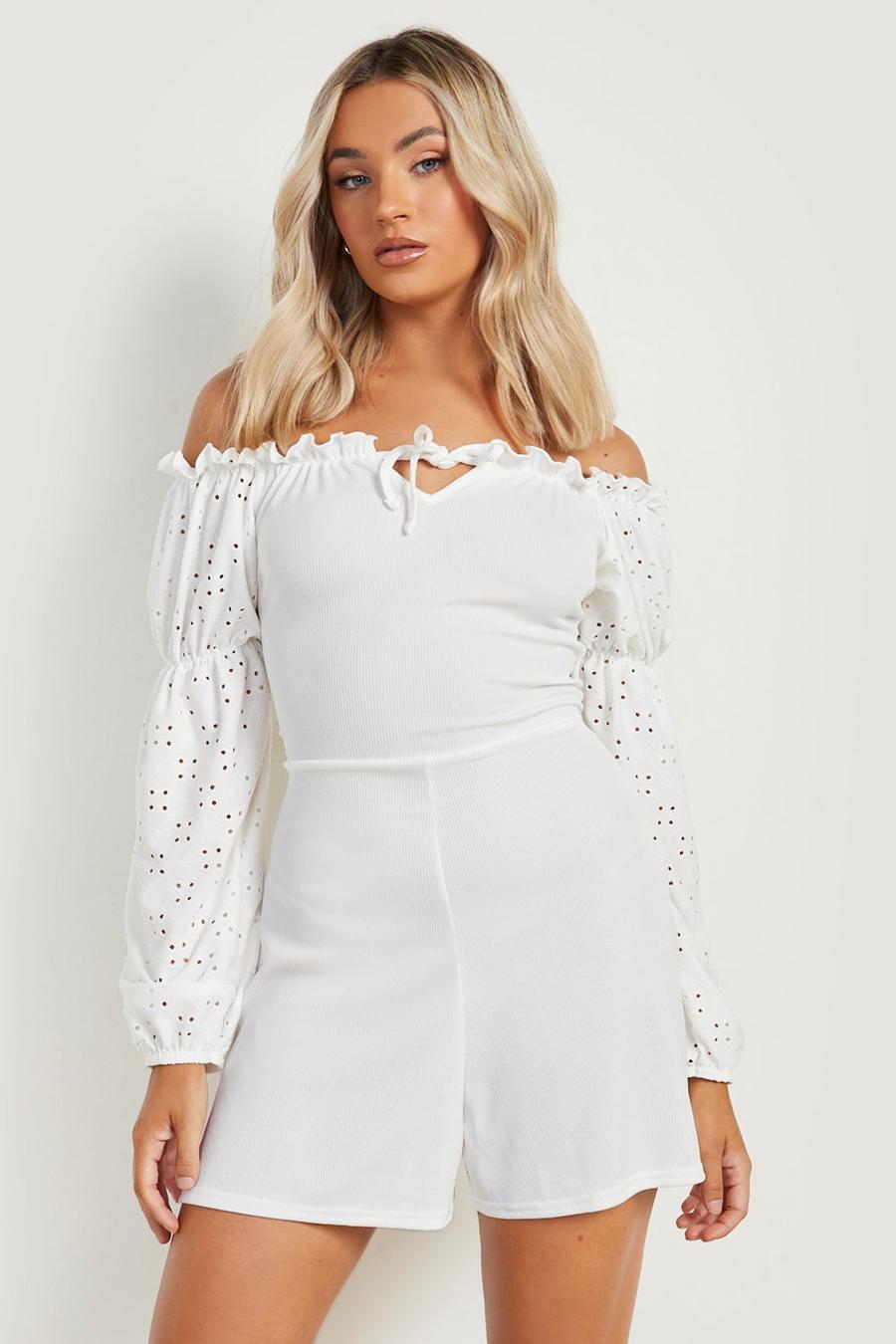 Ivory white Broderie Off The Shoulder Playsuit image number 1