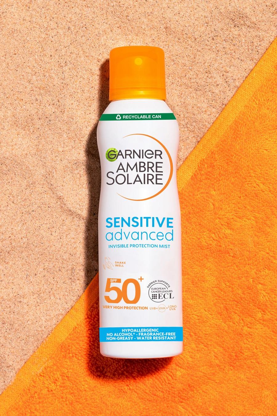 White Garnier Ambre Solaire Sensitive Hypoallergenic Dry Mist Sun Cream Spray SPF50+ 200ml 