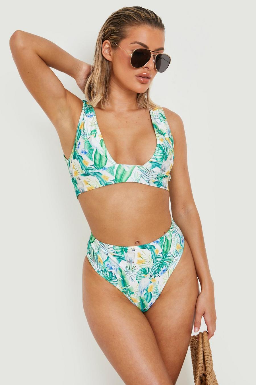 Green Tropical Parrot Plunge Triangle Bikini Top