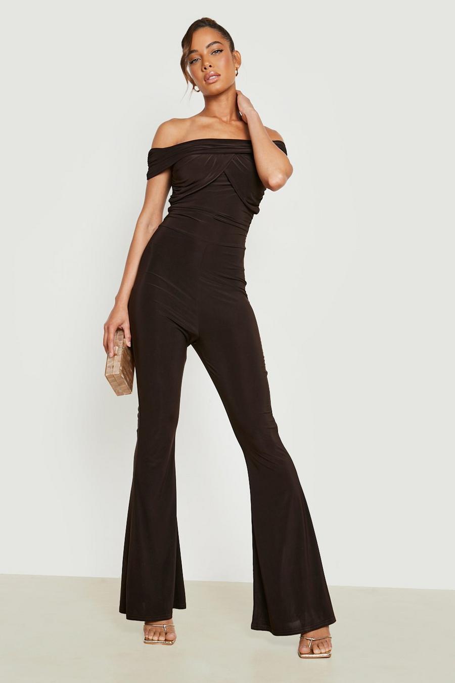 Chocolate brown Slinky Bardot Ruched Flared Leg Jumpsuit
