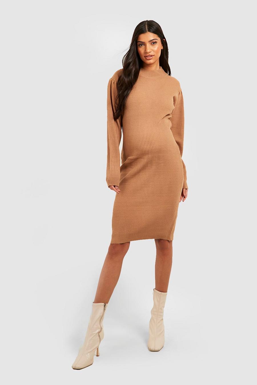 Taupe Maternity Puff Sleeve Knitted Midi Dress image number 1