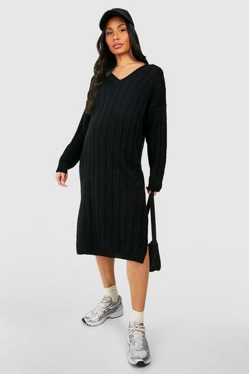 Black Maternity V Neck Slouchy Knitted Midi Dress