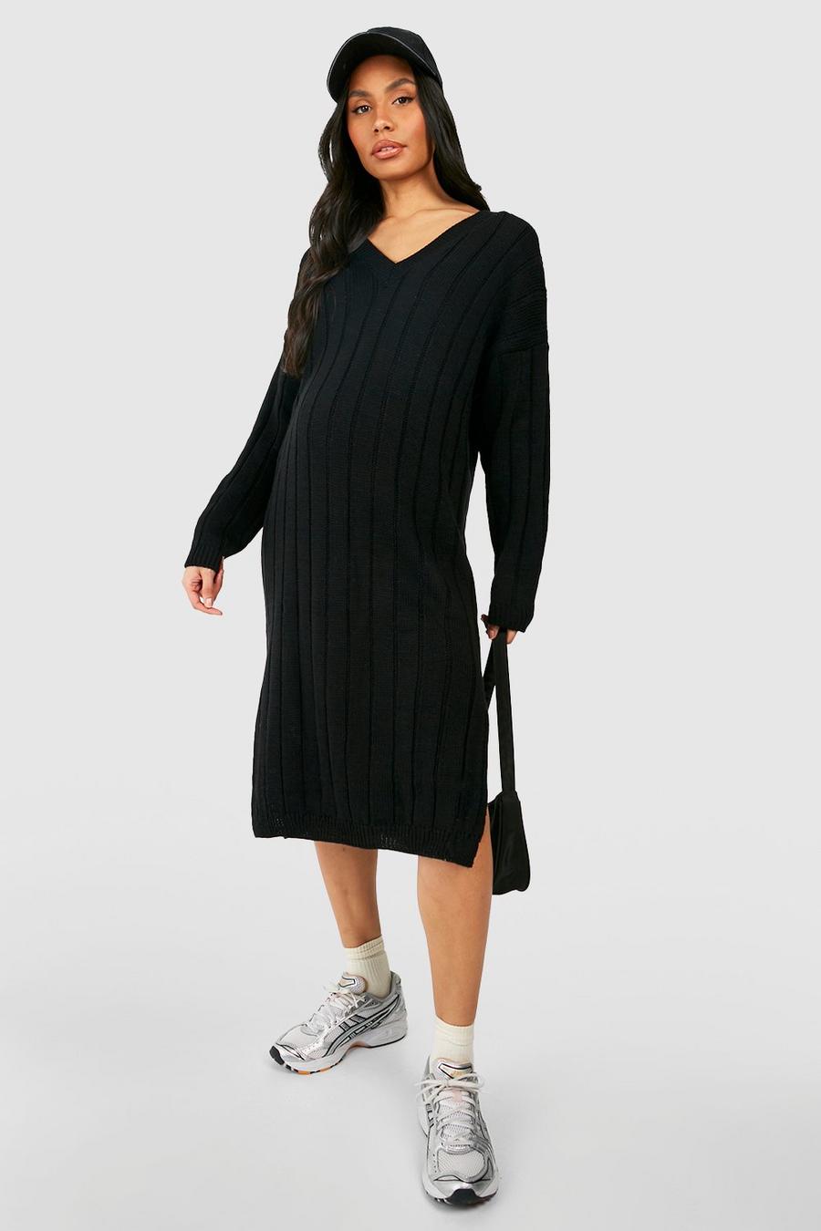 Black Maternity V Neck Slouchy Knitted Midi Dress image number 1