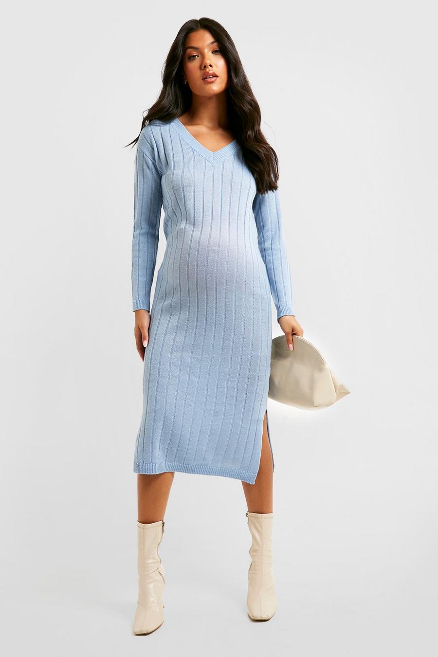 Blue Maternity V Neck Slouchy Knitted Midi Dress image number 1