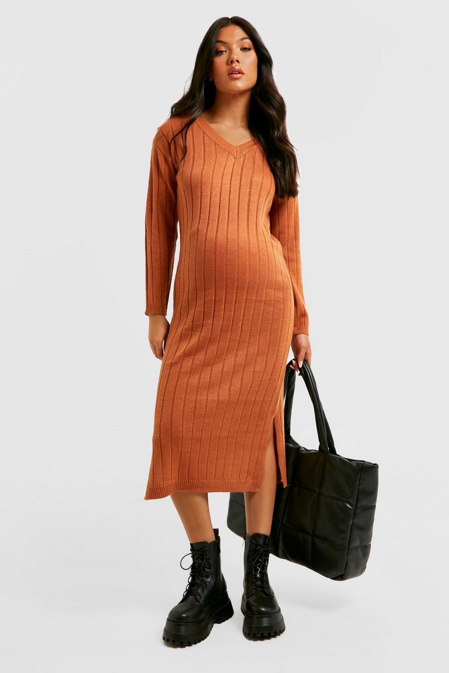 Copper Maternity V Neck Slouchy Knitted Midi Dress image number 1