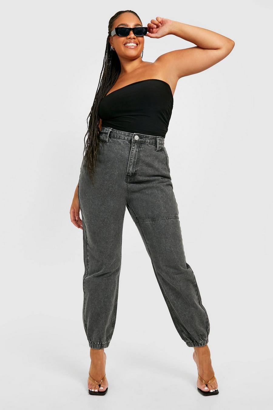 Pantaloni tuta Plus Size stile Utility in denim a vita media, Grey grigio
