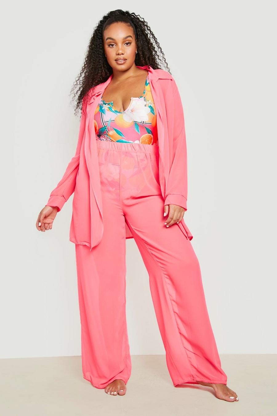Pantaloni da mare Plus Size in chiffon in colori fluo, Neon-pink image number 1