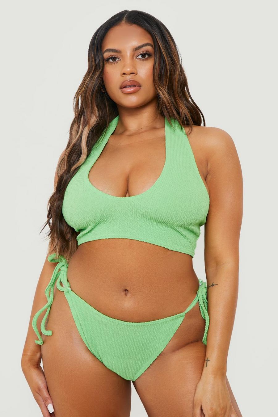 Top bikini Plus Size Mix & Match allacciato al collo effetto goffrato, Green