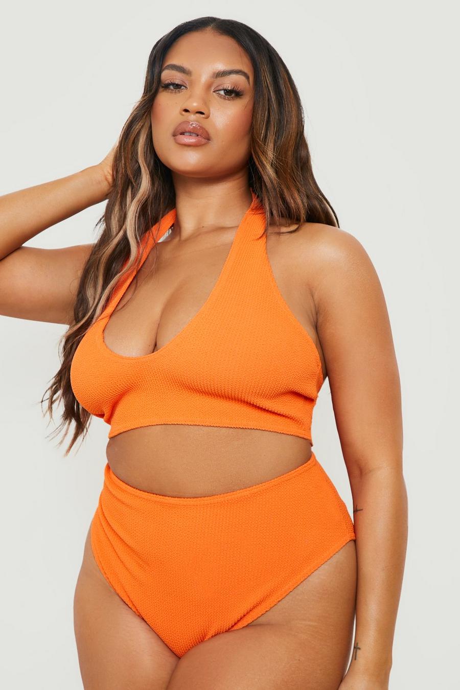 Top bikini Plus Size Mix & Match allacciato al collo effetto goffrato, Tangerine image number 1