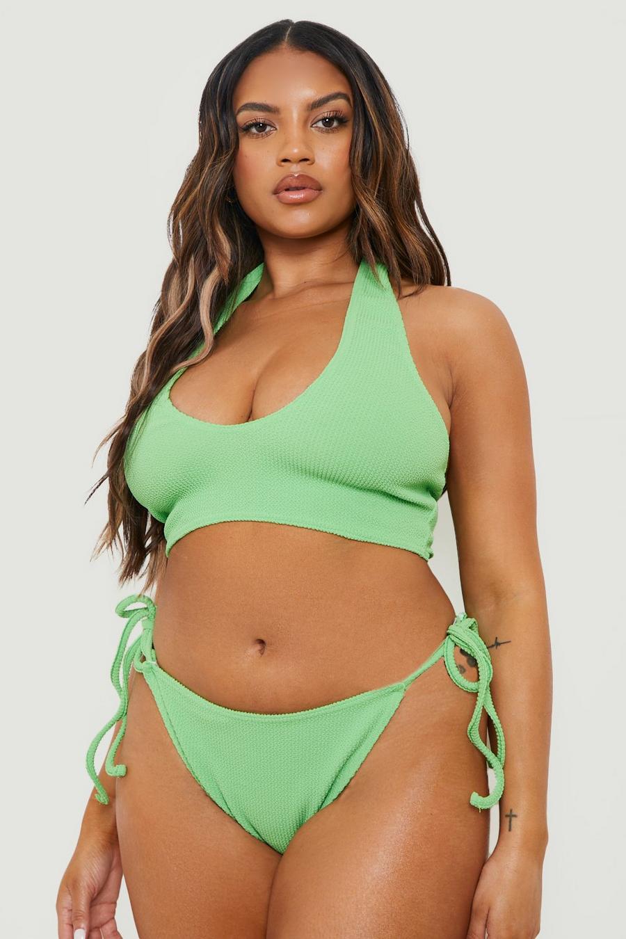 Plus Mix & Match Bikinihose in Knitteroptik mit seitlicher Bindung, Green image number 1