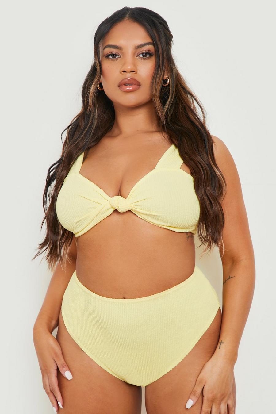 Plus Mix & Match Bikinihose mit hohem Bund in Knitteroptik, Yellow image number 1