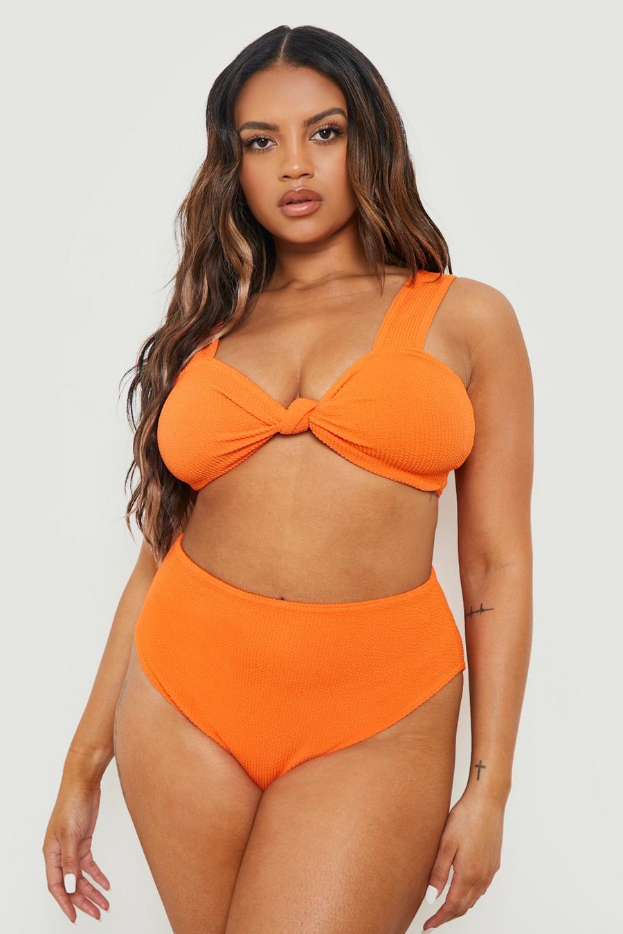 Tangerine orange Plus Mix & Match Crinkle Knotted Bikini Top
