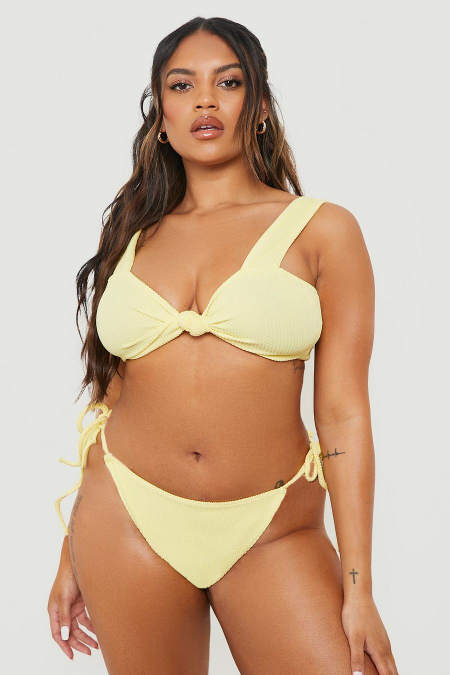 Yellow gelb Plus Mix & Match Crinkle Knotted Bikini Top