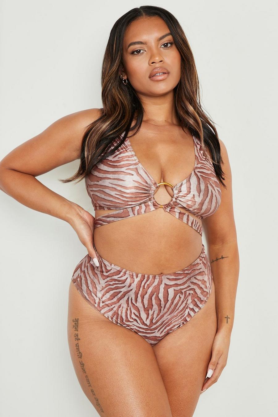 Brown Plus Zebraprint Bikini Met O-Ring
