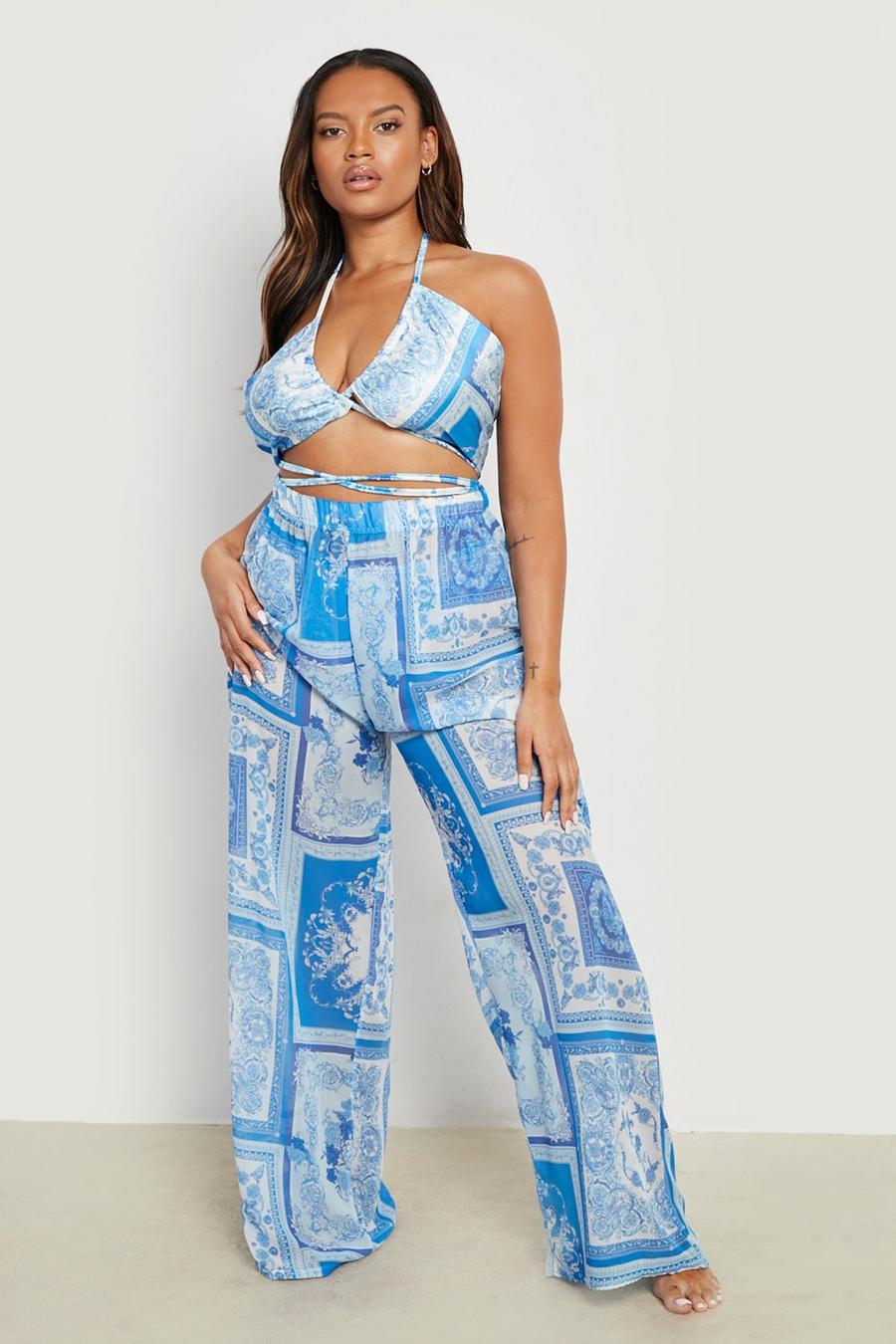 Grande taille - Pantalon de plage à imprimé foulard, Blue image number 1