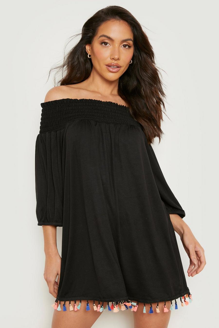 Black Tassel Hem Shirred Bardot Beach Dress