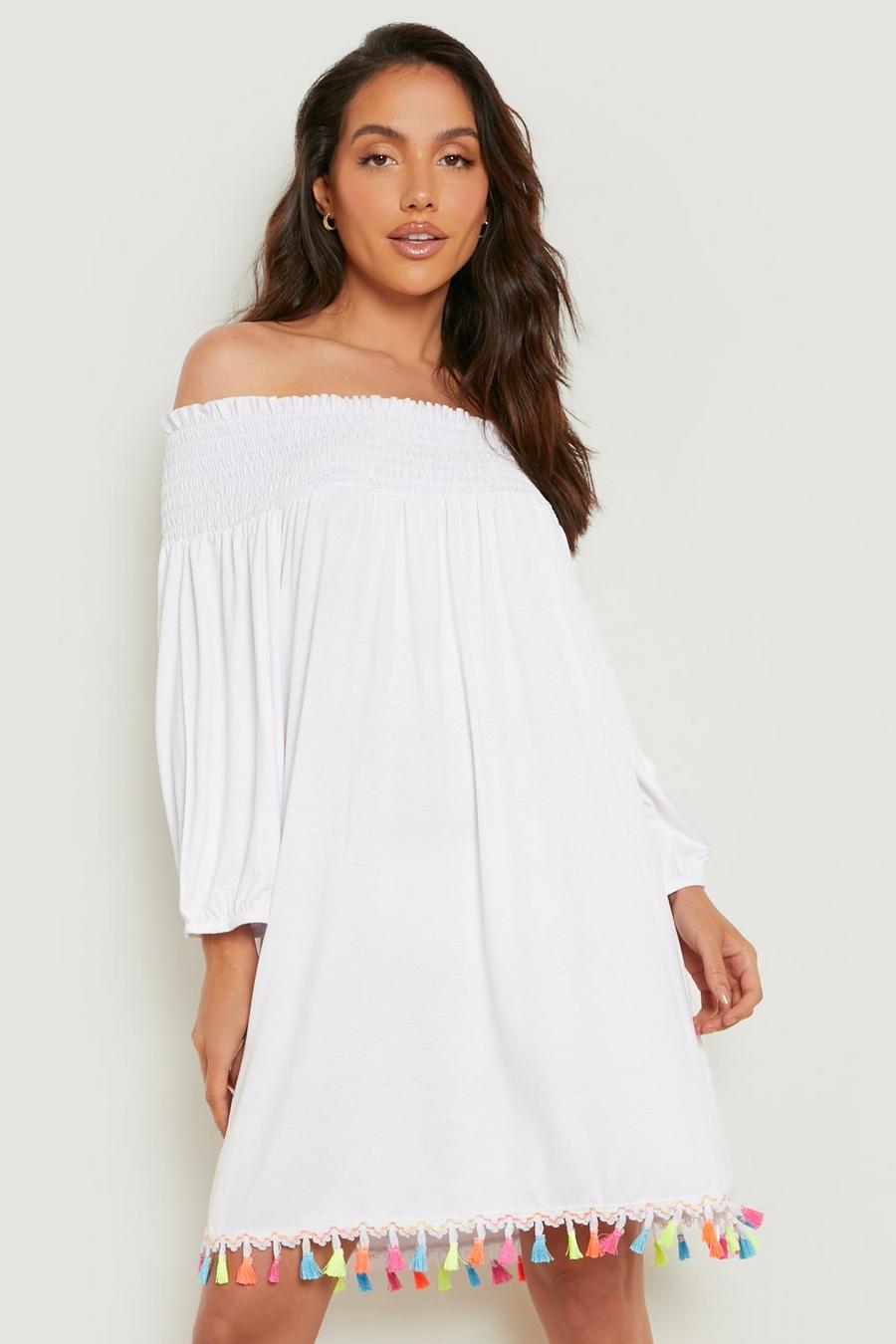 White Tassel Hem Shirred Bardot Beach Dress