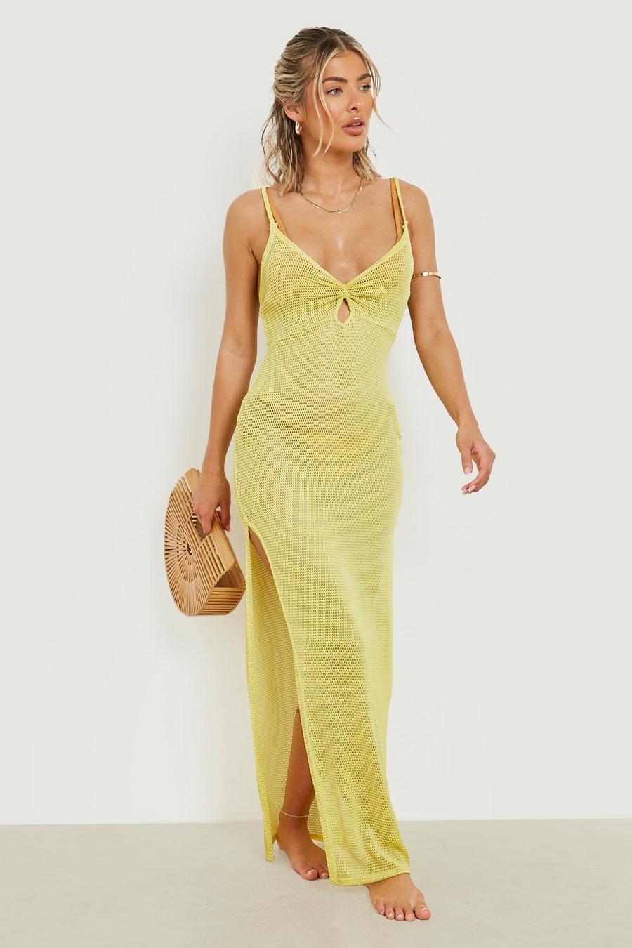Yellow Shiny Fishnet Knot Maxi Beach Dress image number 1