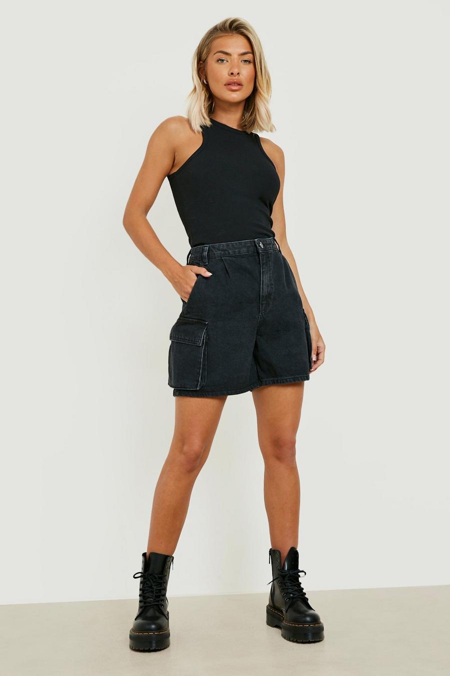 Black Mid Rise Cargo Jean Shorts image number 1
