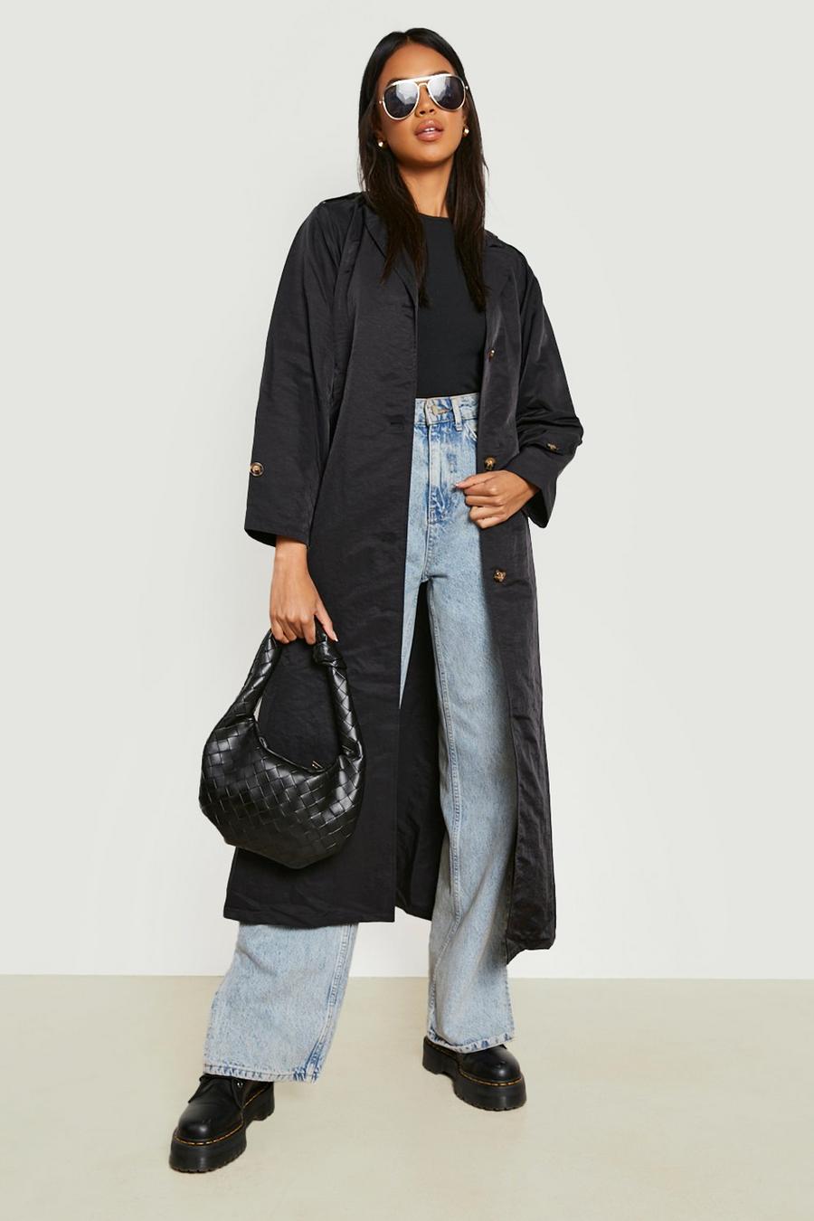 Black Textured Woven Belted Trench Coat