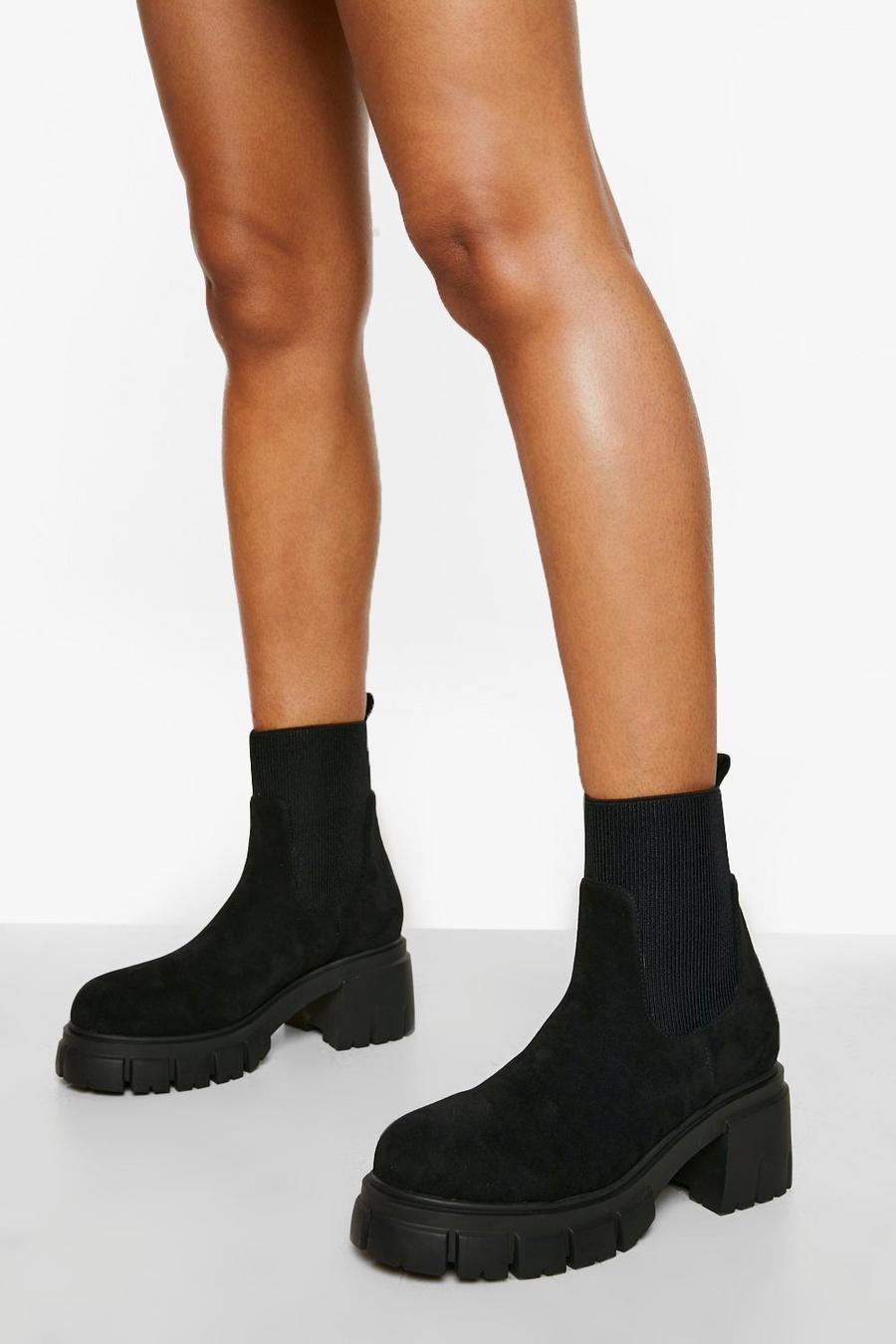 Black svart Wide Fit Chunky Heel Sock Boots image number 1